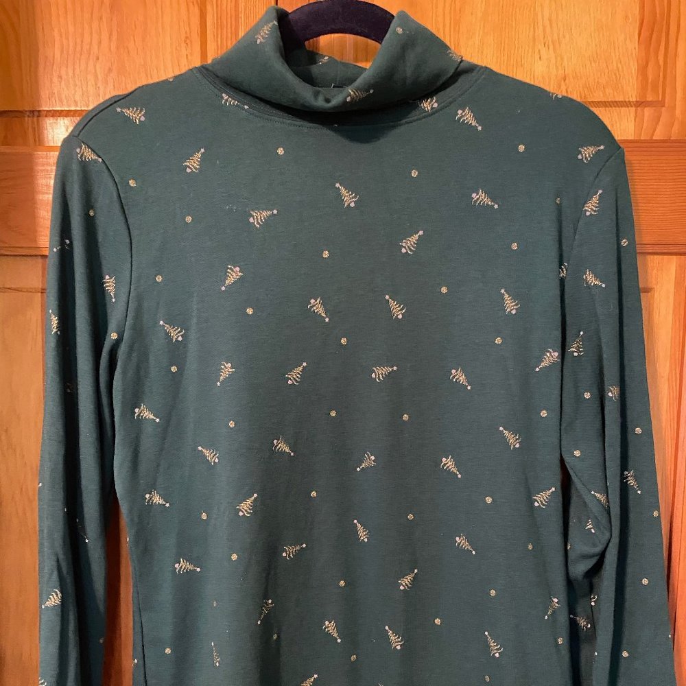 Green Turtleneck with Gold Sparkly Trees